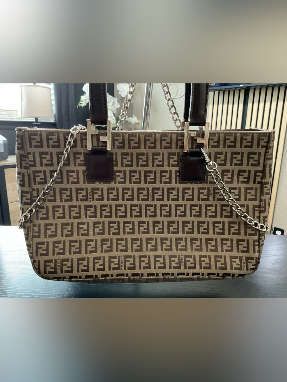 Fendi Brown FF Logo Canvas Satchel with Chain Strap - Picture 2 of 12